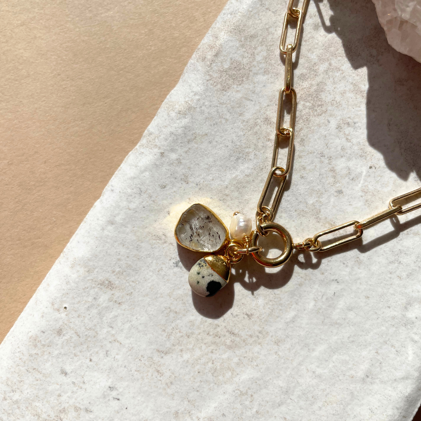 Special Edition Herkimer & Dalmatian Carved Triple Necklace | Strength & Positivity (Gold Plated or Silver)