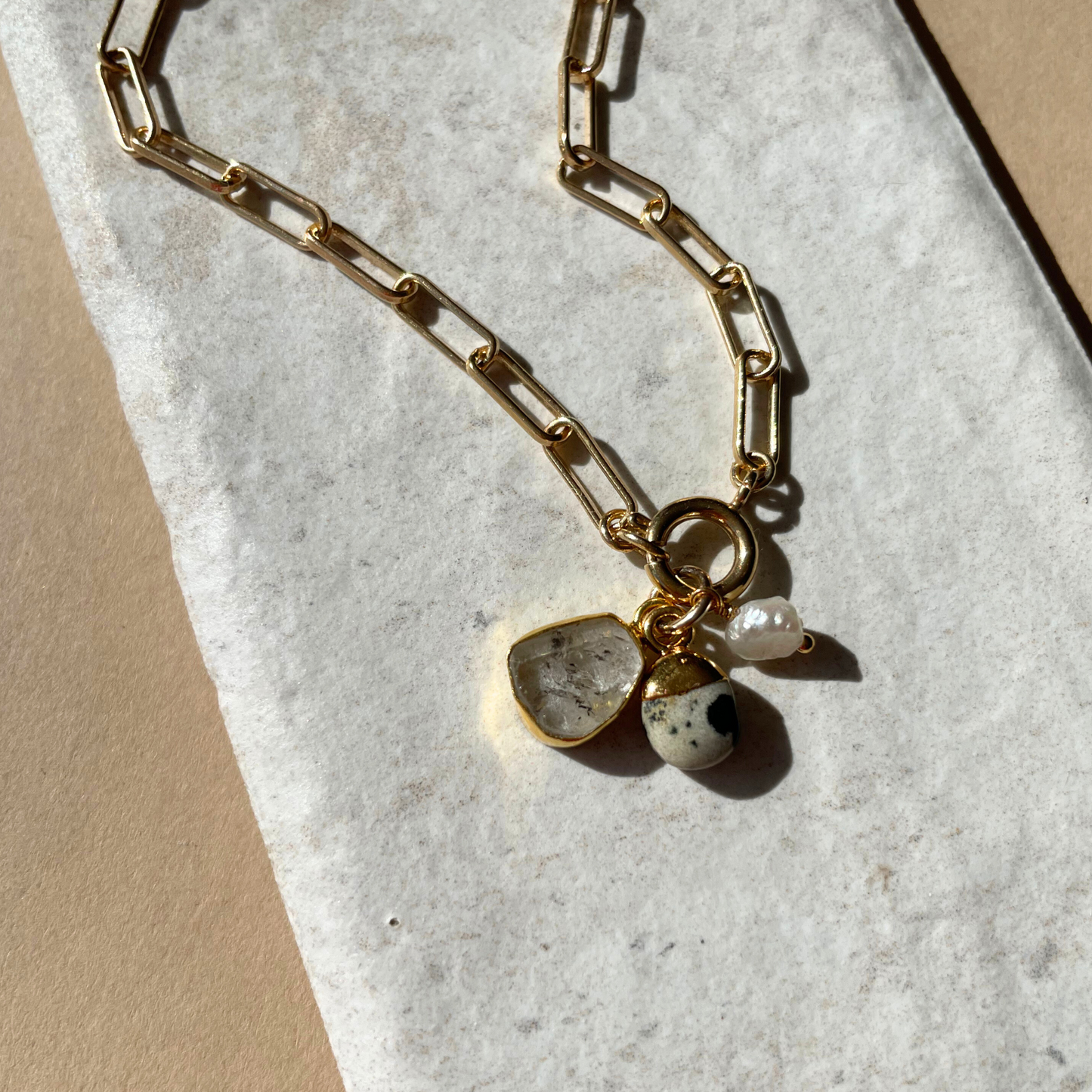Special Edition Herkimer & Dalmatian Carved Triple Necklace | Strength & Positivity (Gold Plated or Silver)