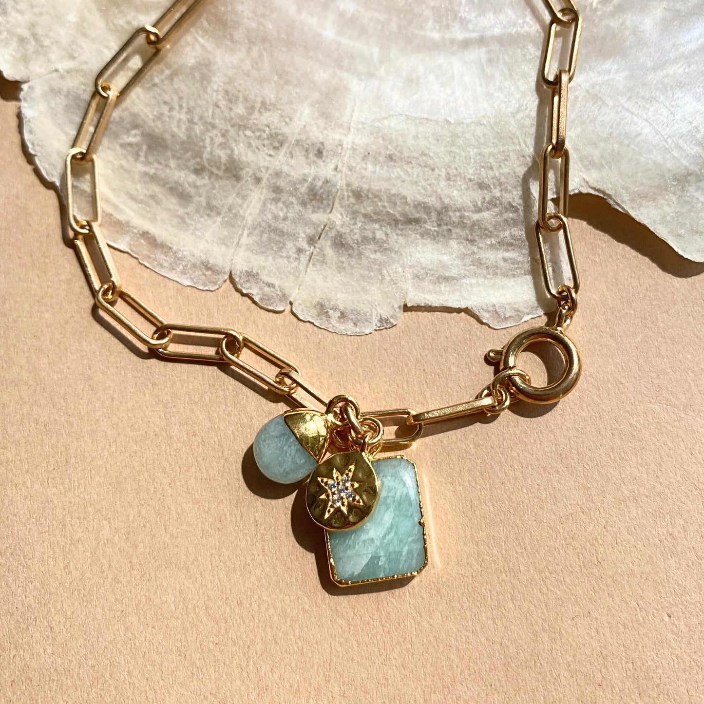 Amazonite Gem Slice Triple Chunky Chain Bracelet | Confidence (Gold Plated)