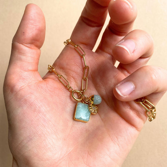Amazonite Gem Slice Triple Chunky Chain Necklace | Confidence (Gold Plated)