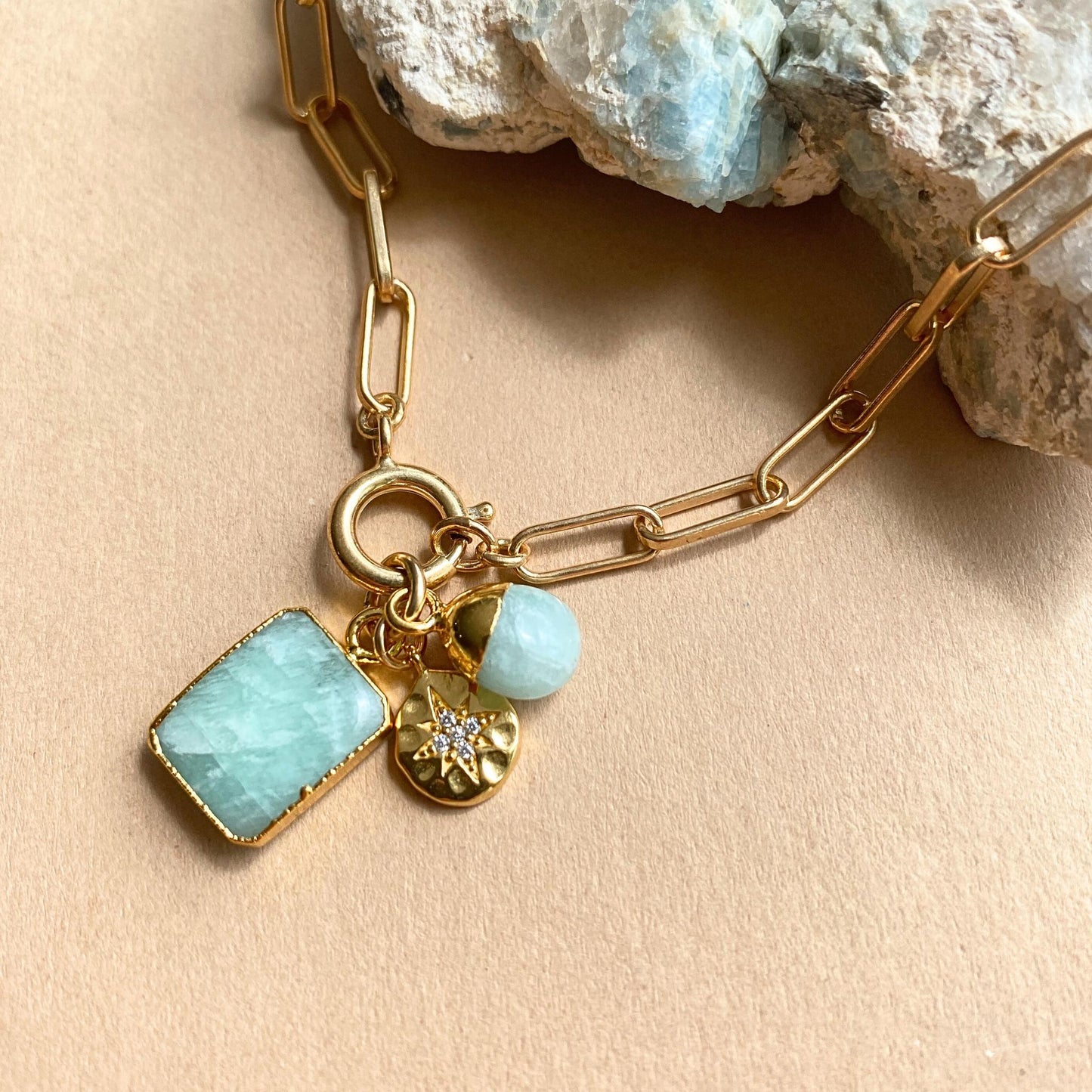 Amazonite Gem Slice Triple Chunky Chain Necklace | Confidence (Gold Plated)