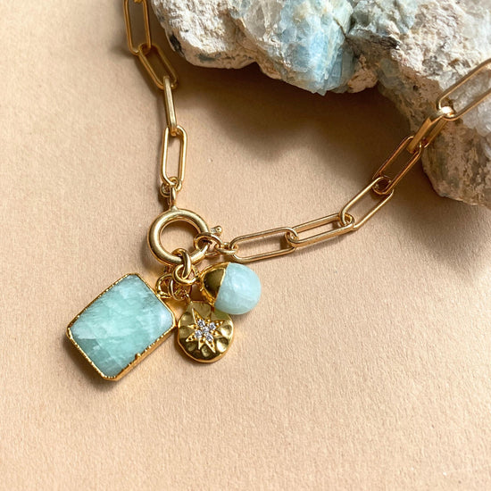 Amazonite Gem Slice Triple Chunky Chain Necklace | Confidence (Gold Plated)