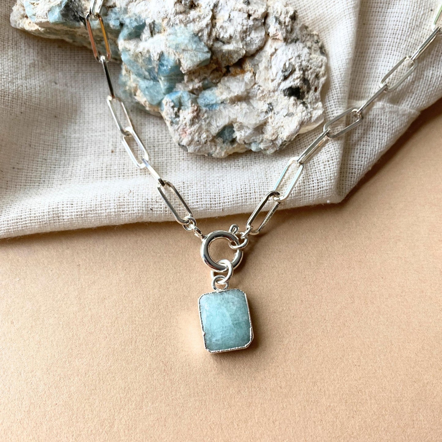 Amazonite Gem Slice Chunky Chain Necklace | Confidence (Silver)