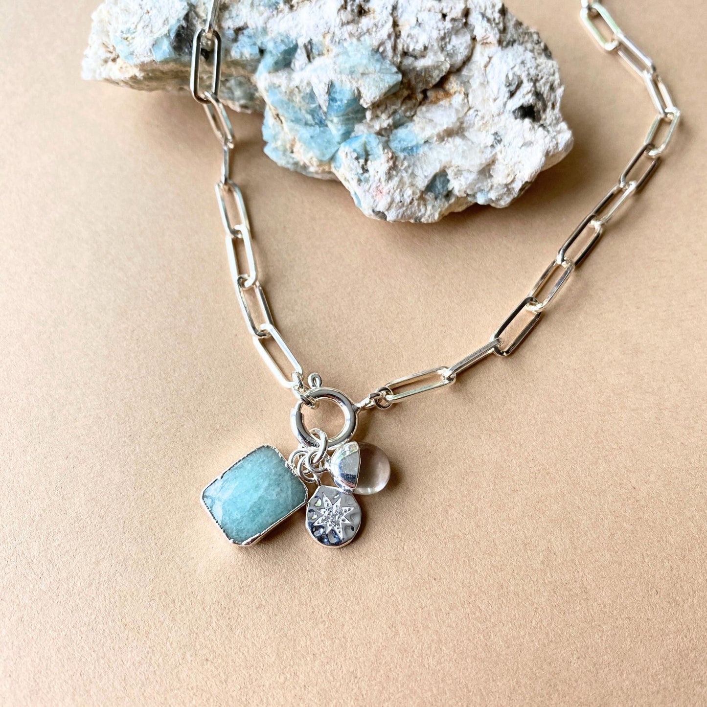 Amazonite Gem Slice Triple Chunky Chain Necklace | Confidence (Silver)