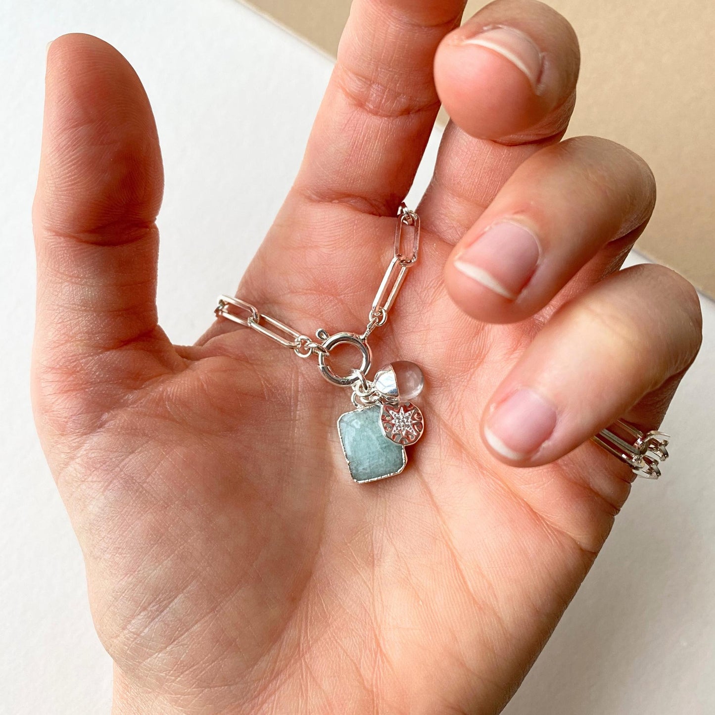 Amazonite Gem Slice Triple Chunky Chain Necklace | Confidence (Silver)