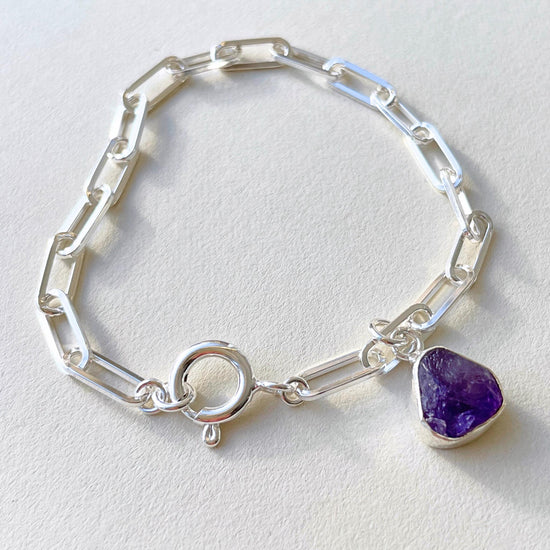 Amethyst Carved Chunky Chain Bracelet | Calming (Sterling Silver)