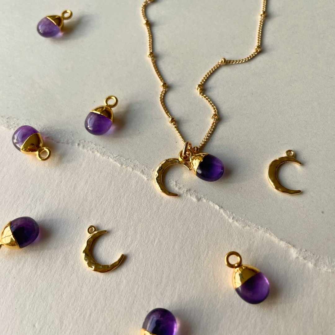 CHOOSE YOUR OWN | Tumbled Gemstone & Moon Necklace (Gold Plated)