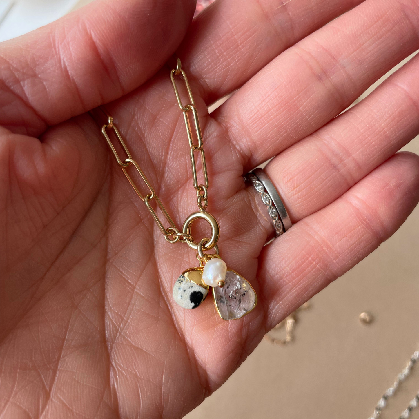Special Edition Herkimer & Dalmatian Carved Triple Necklace | Strength & Positivity (Gold Plated or Silver)