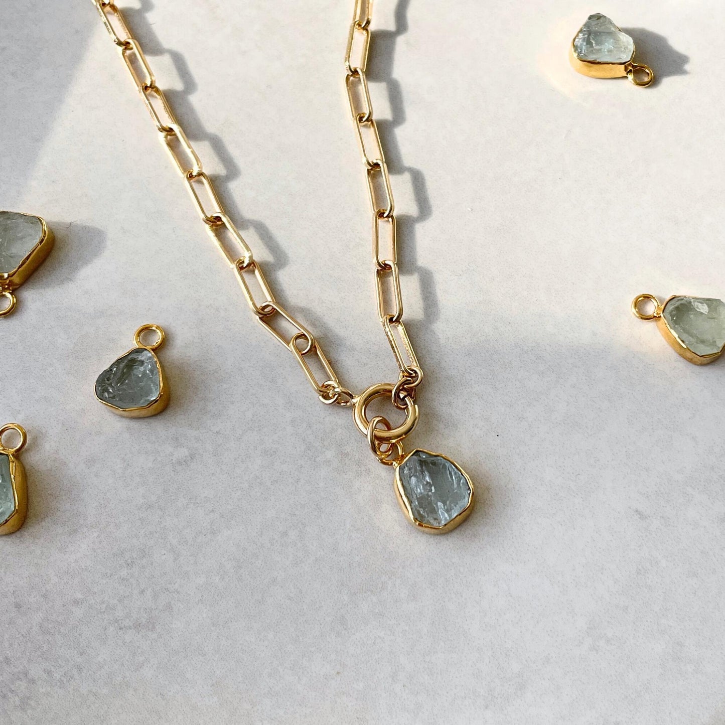 Aquamarine Carved Chunky Chain Necklace | Serenity (Gold Plated)