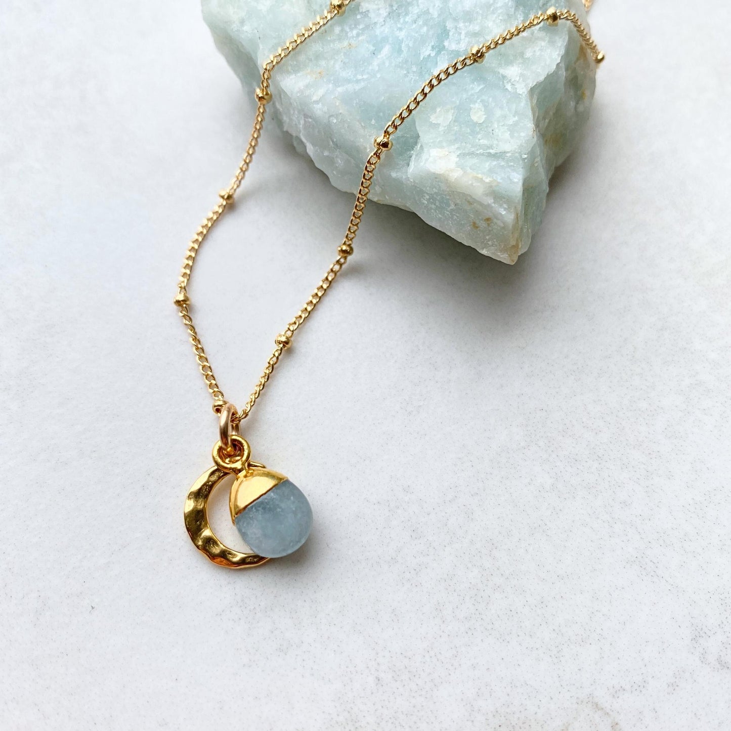 Aquamarine & Moon Necklace | Serenity (Gold Plated)