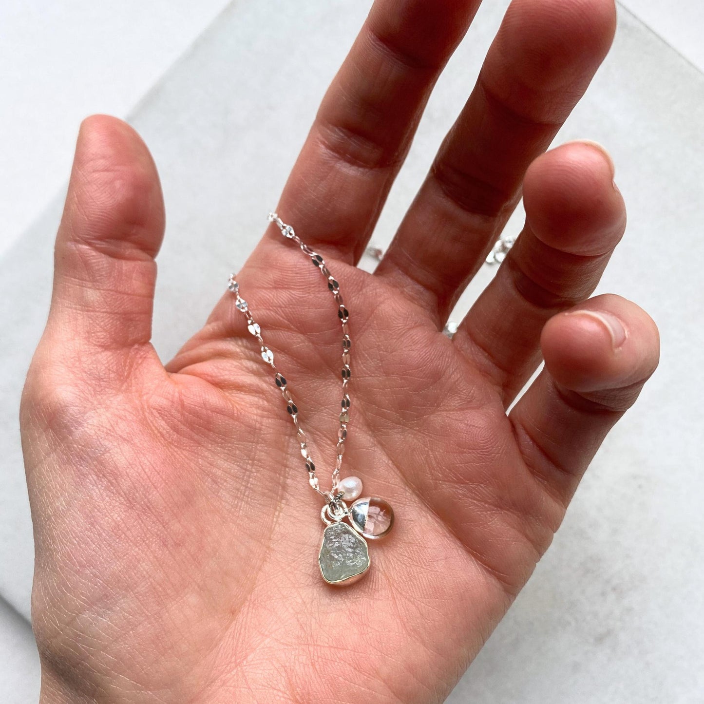 Aquamarine Carved Triple Necklace | Serenity, Healing, Calm (Silver)