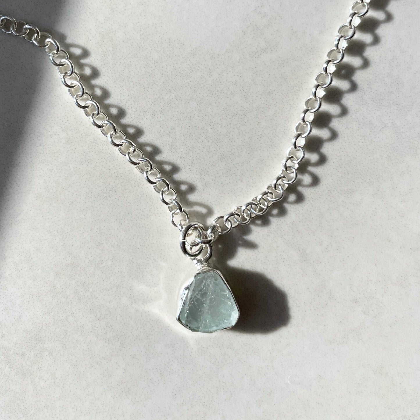 Aquamarine Carved Belcher Chain Necklace | Serenity (Sterling Silver)