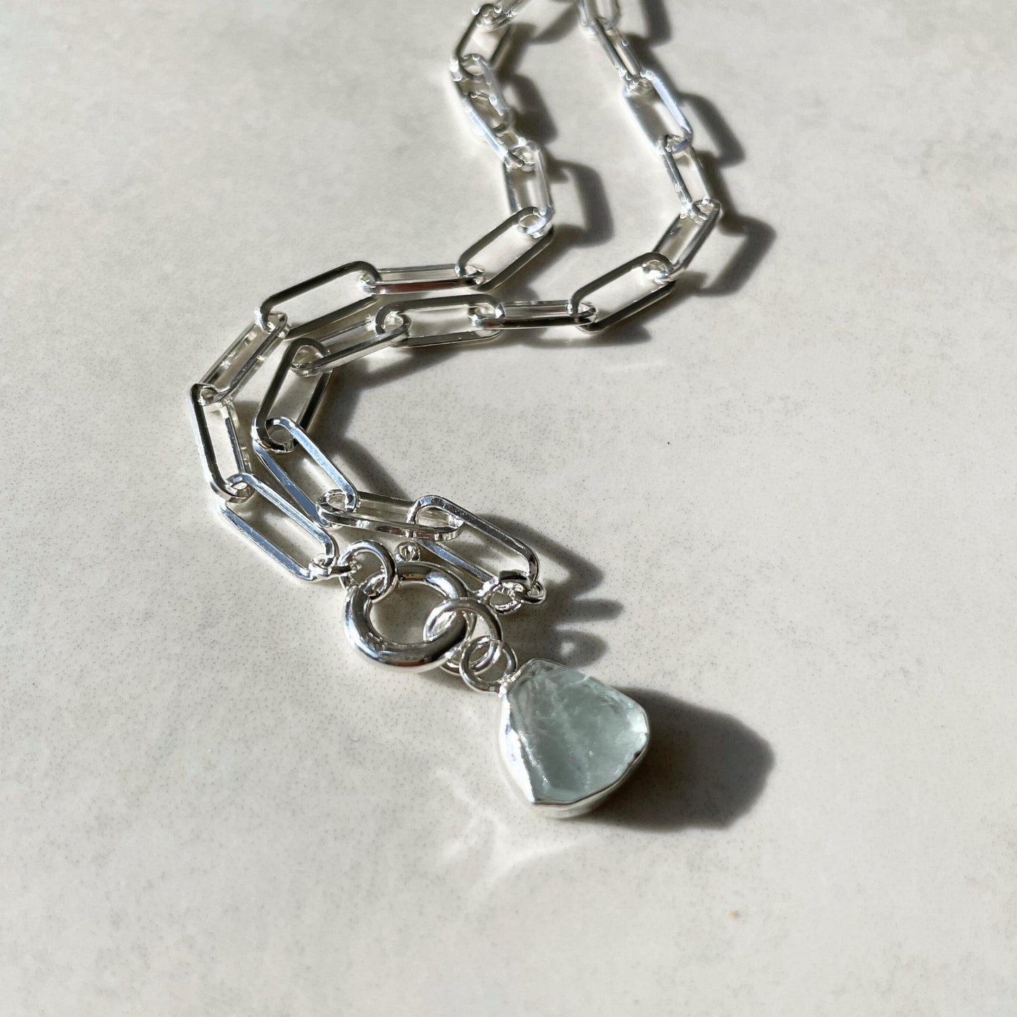 Aquamarine Carved Chunky Chain Necklace | Serenity (Sterling Silver)