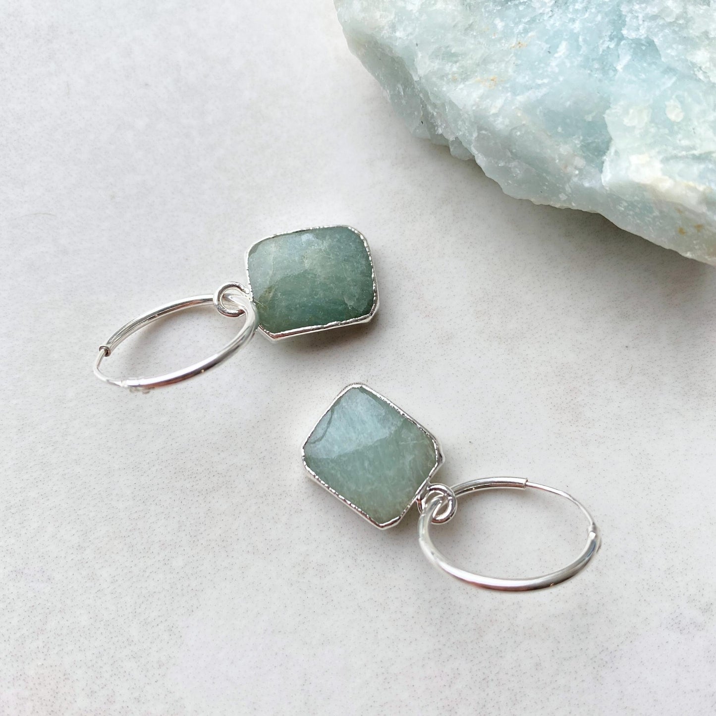 Aquamarine Gem Slice Hoop Earrings | Serenity (Silver)