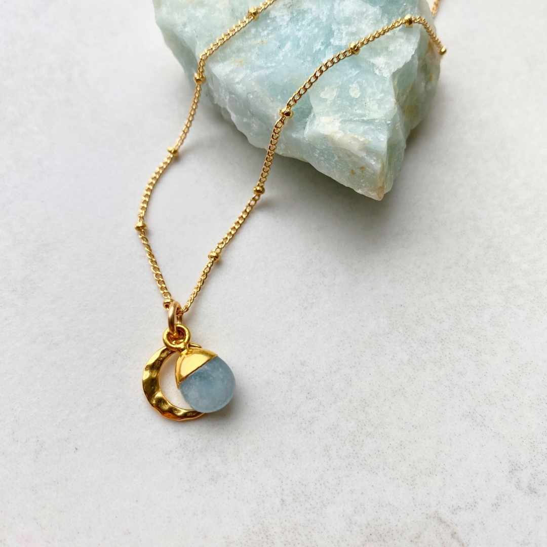 CHOOSE YOUR OWN | Tumbled Gemstone & Moon Necklace (Gold Plated)