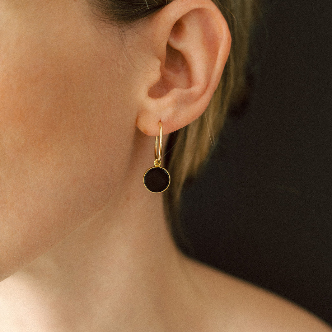 Black Onyx Circle or Wand Hoop Earrings | Protection (Gold Fill)