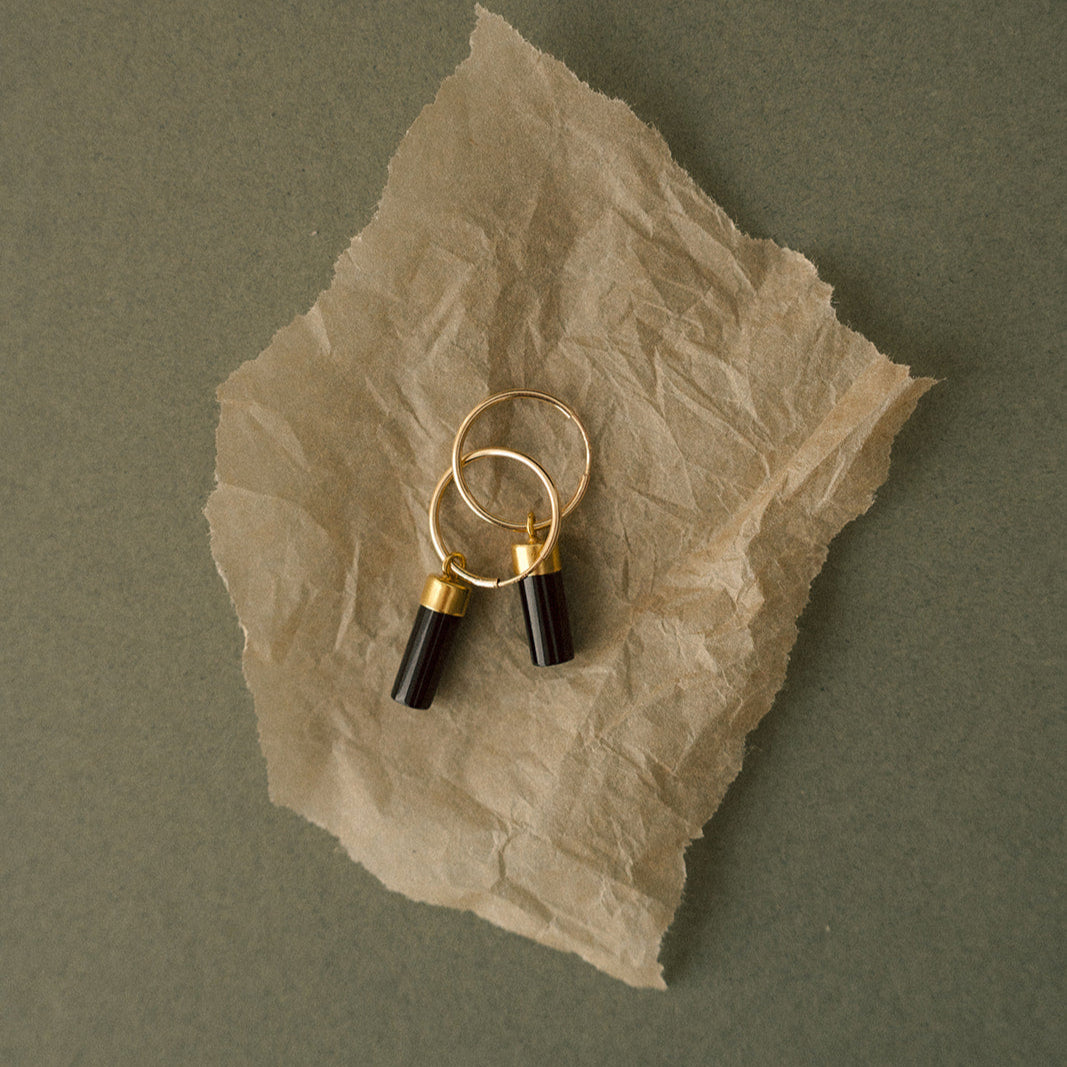 Black Onyx Circle or Wand Hoop Earrings | Protection (Gold Fill)