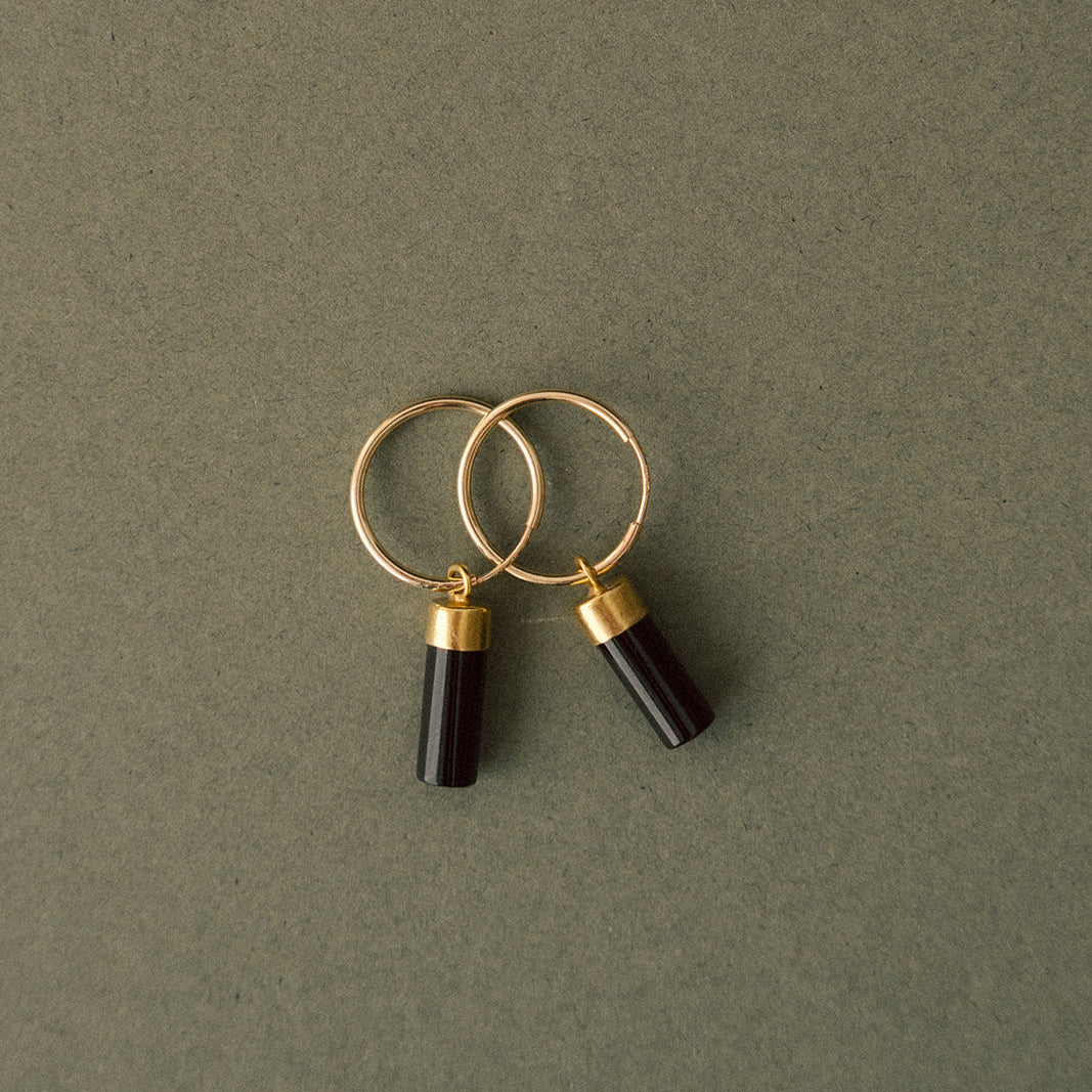 Black Onyx Circle or Wand Hoop Earrings | Protection (Gold Fill)