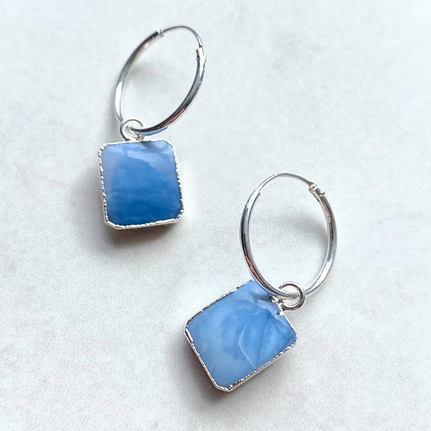 Blue Opal Gem Slice Hoop Earrings | Purity (Silver)