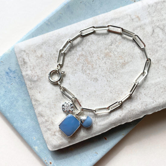 Blue Opal Gem Slice Triple Chunky Chain Bracelet | Purity (Silver)