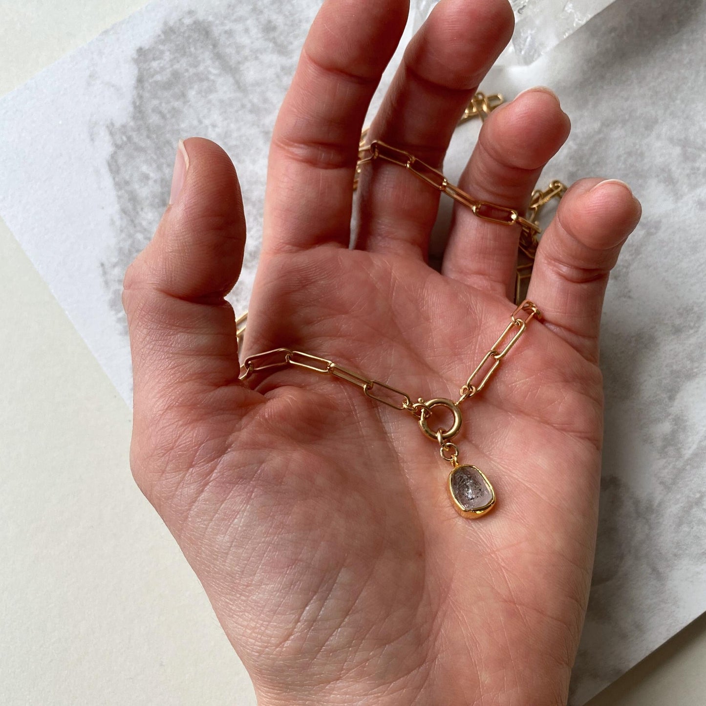 Herkimer Diamond Carved Chunky Chain Necklace | Strength (Gold Plated)