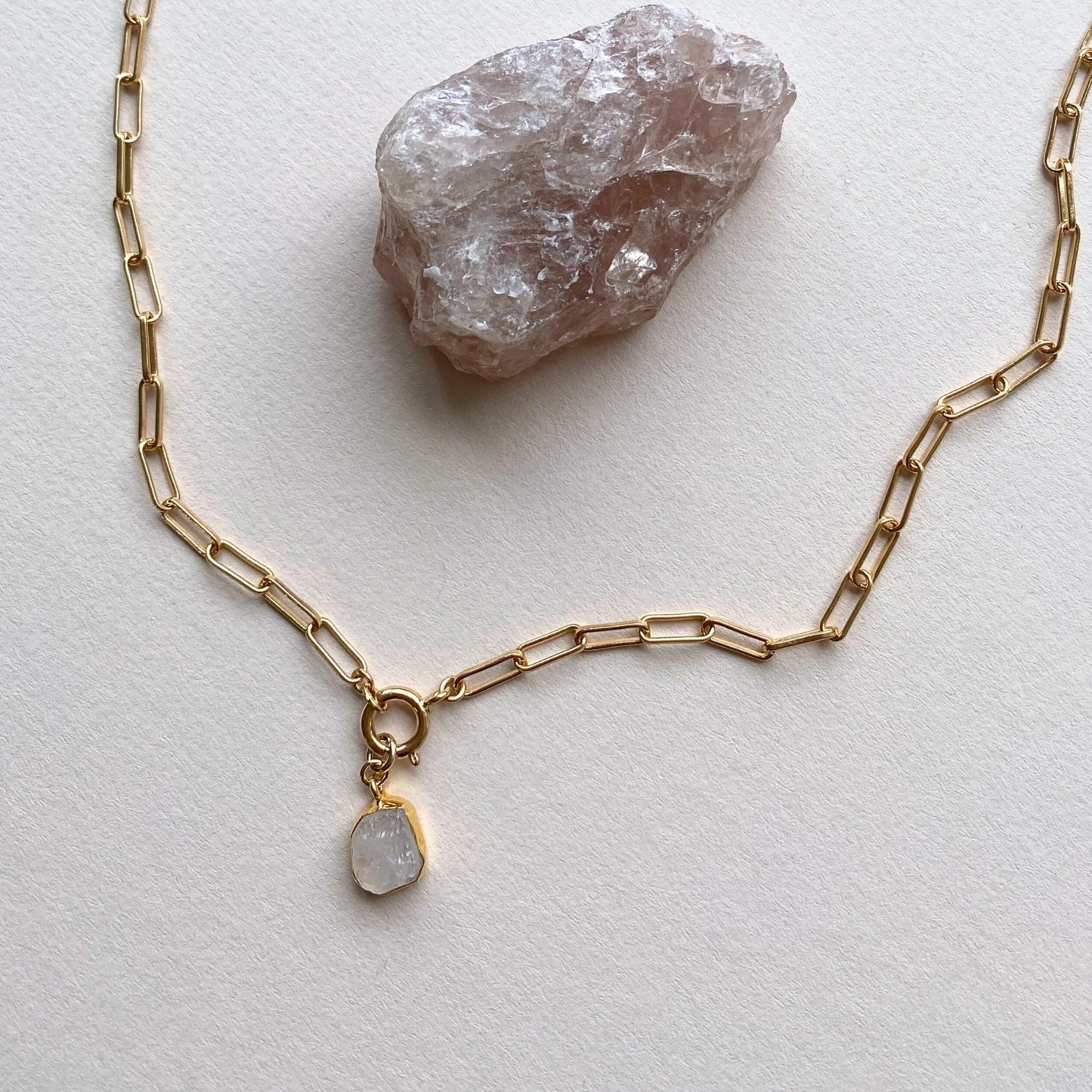 Rose Quartz Carved Chunky Chain Necklace | Love (Gold Plated)