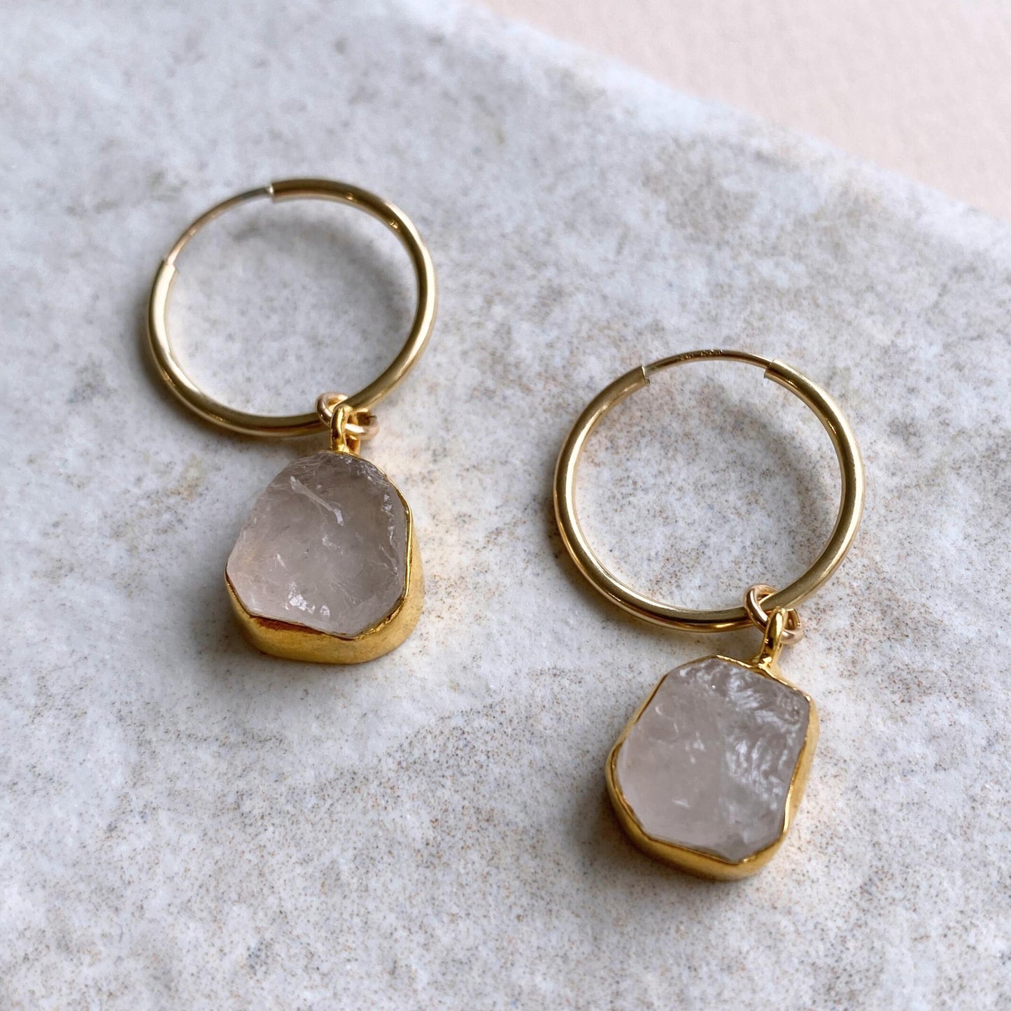 Rose Quartz Carved Hoop Earrings | Love (Gold Fill)
