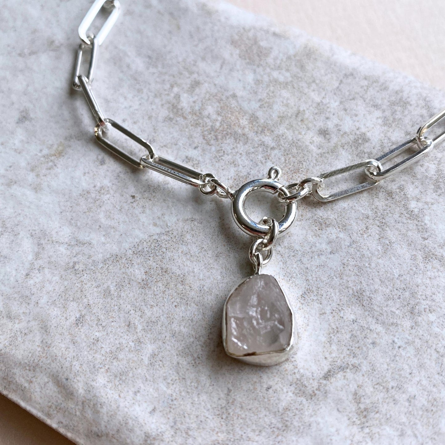 Rose Quartz Carved Chunky Chain Necklace | Love (Sterling Silver)