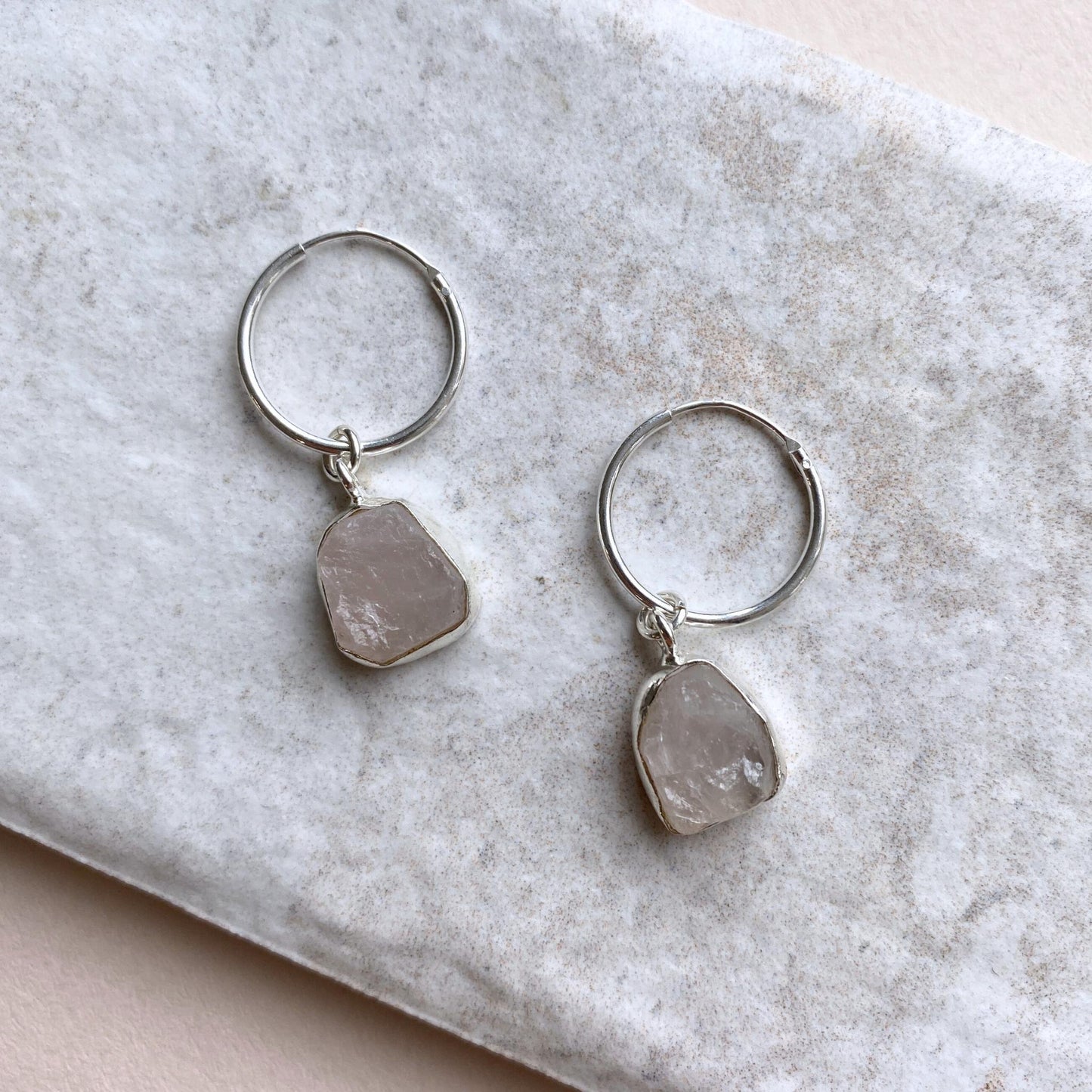 Rose Quartz Carved Hoop Earrings | Love (Sterling Silver)