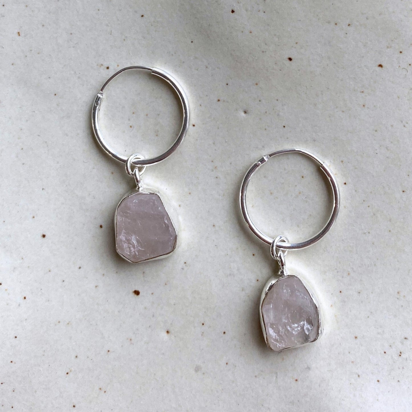 Rose Quartz Carved Hoop Earrings | Love (Sterling Silver)