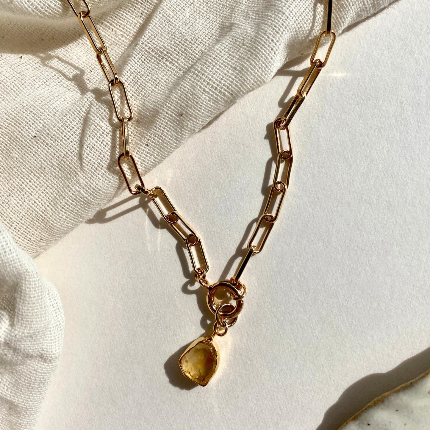 November Birthstone | Citrine Carved Chunky Chain Necklace (Gold Plated)