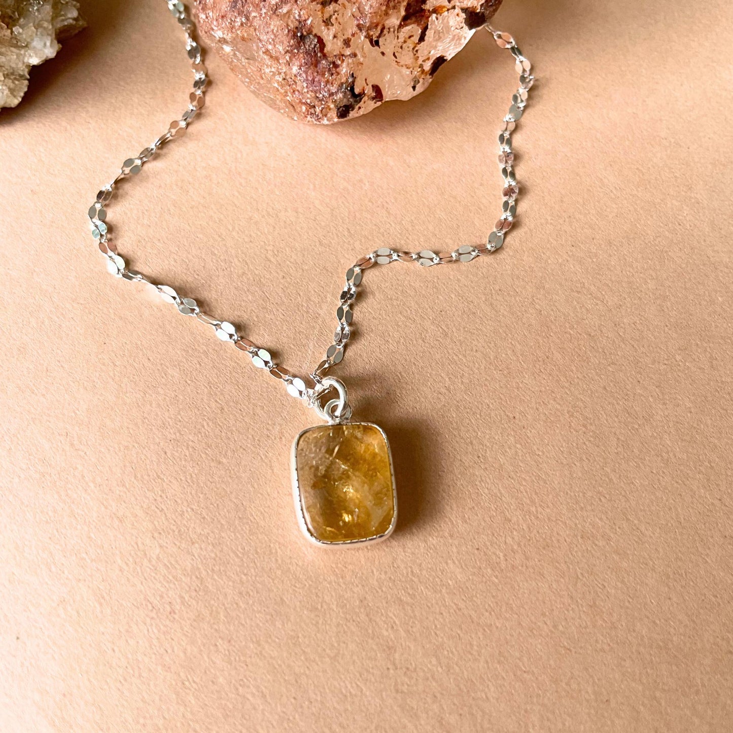 Citrine Gem Slice Vintage Chain Necklace | Success (Silver)