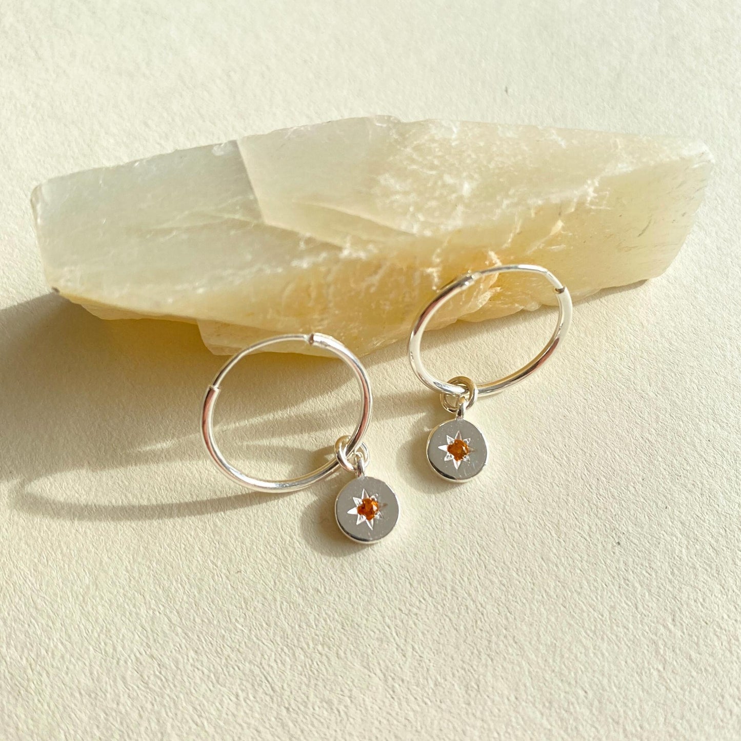 Citrine Guiding Star Birthstone Hoop Earrings | November (Sterling Silver)