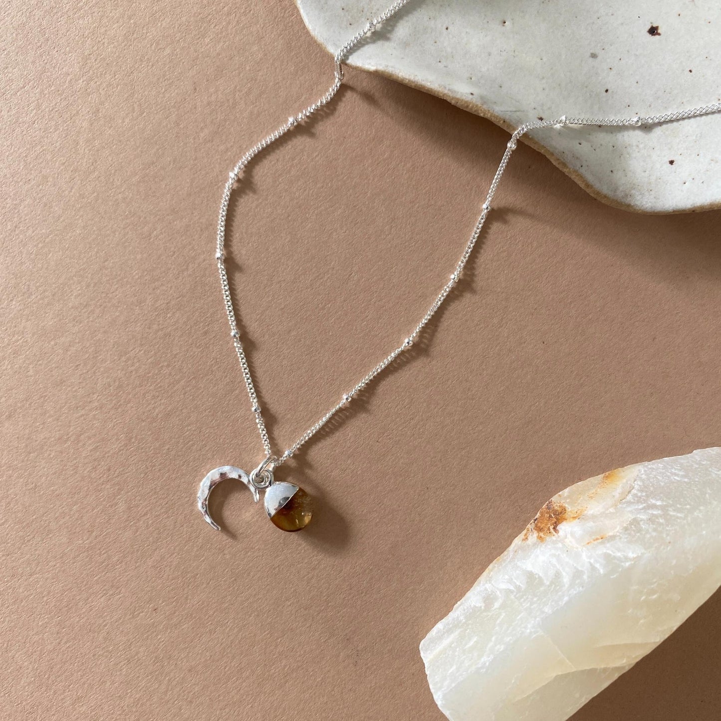 CHOOSE YOUR OWN | Tumbled Gemstone & Moon Necklace (Silver)