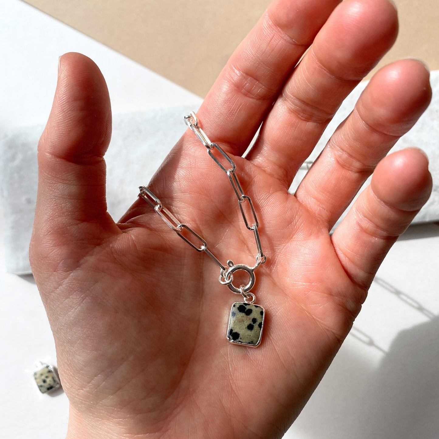 Dalmatian Gem Slice Chunky Chain Necklace | Positivity (Silver)
