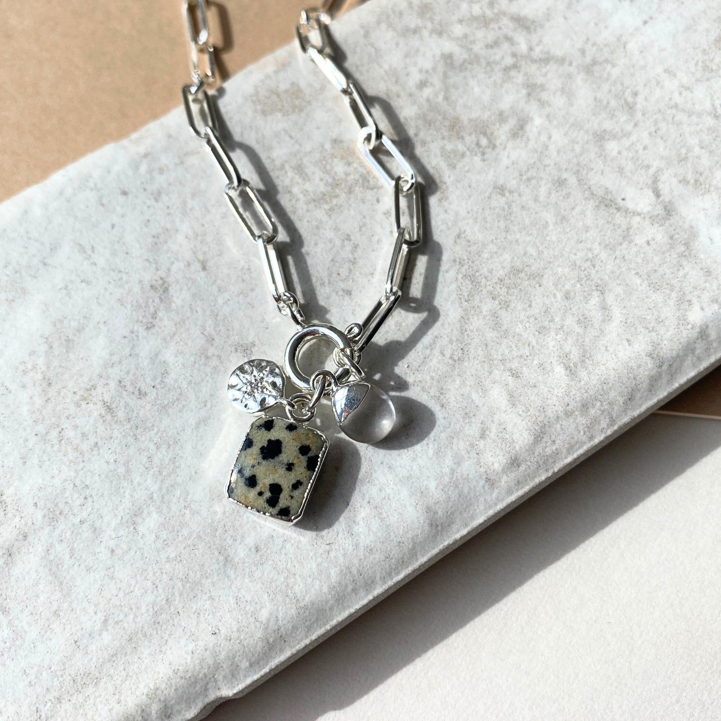 Dalmatian Gem Slice Triple Chunky Chain Necklace | Positivity (Silver)