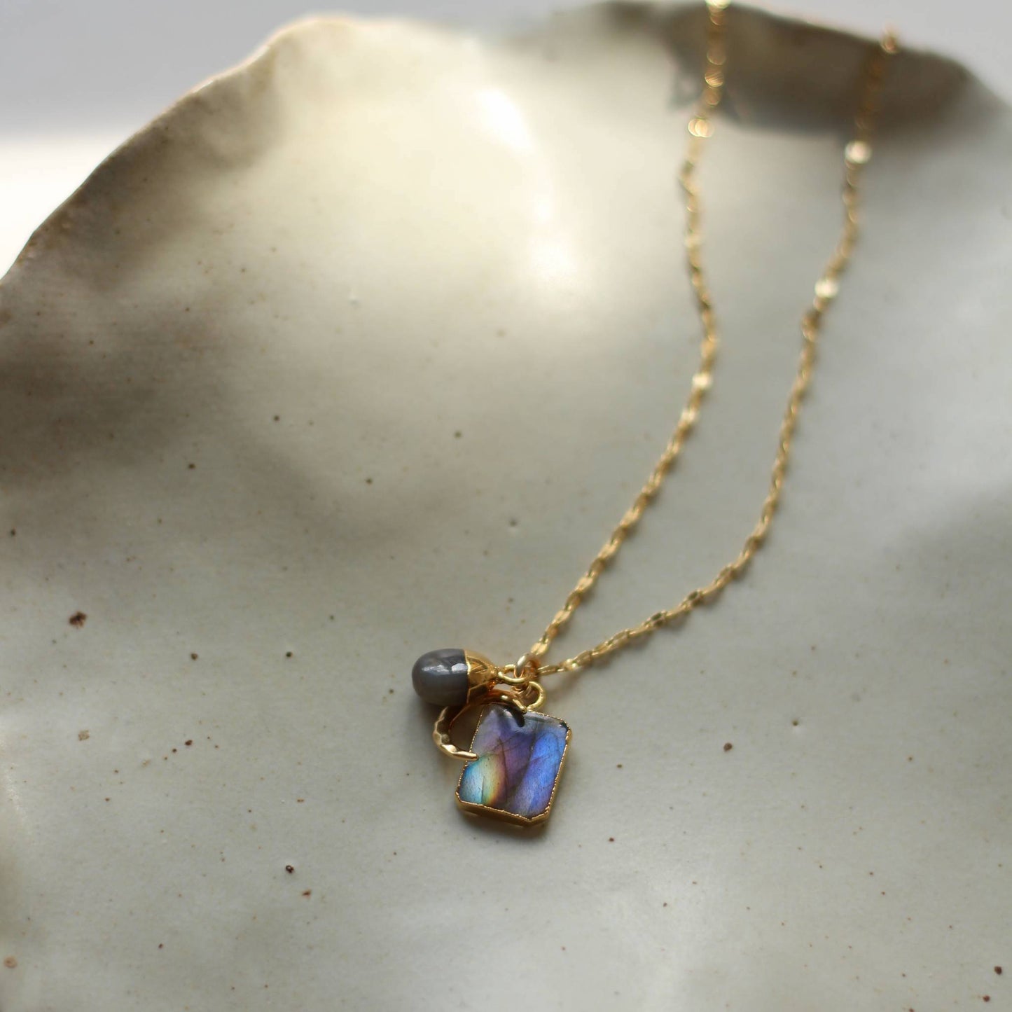 Labradorite & Sapphire Gem Slice Triple Necklace (Gold Plated)