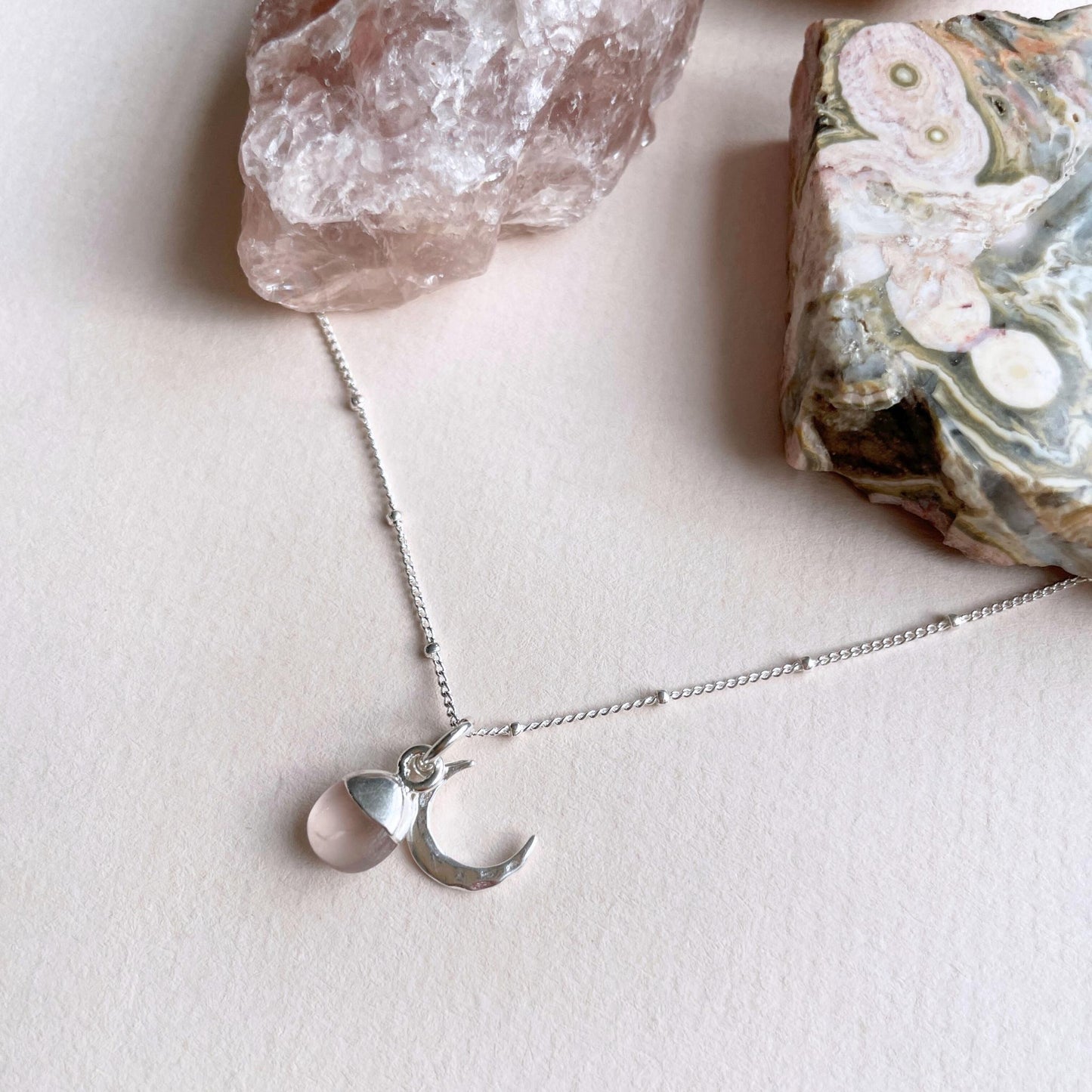 Rose Quartz & Moon Necklace | Love (Silver)