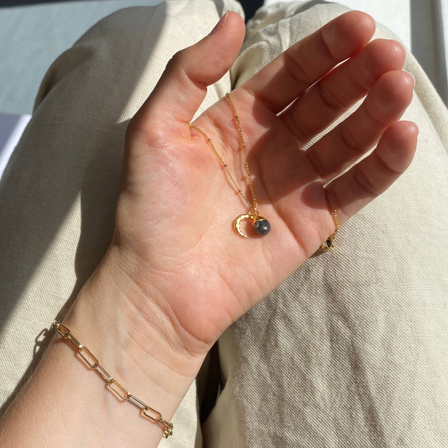 CHOOSE YOUR OWN | Tumbled Gemstone & Moon Necklace (Gold Plated)