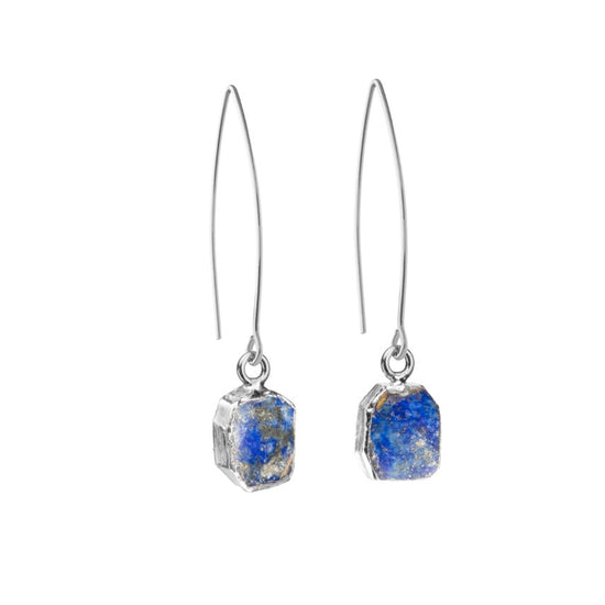 Lapis Lazuli Gem Slice Dropper Earrings | Strength (Silver)