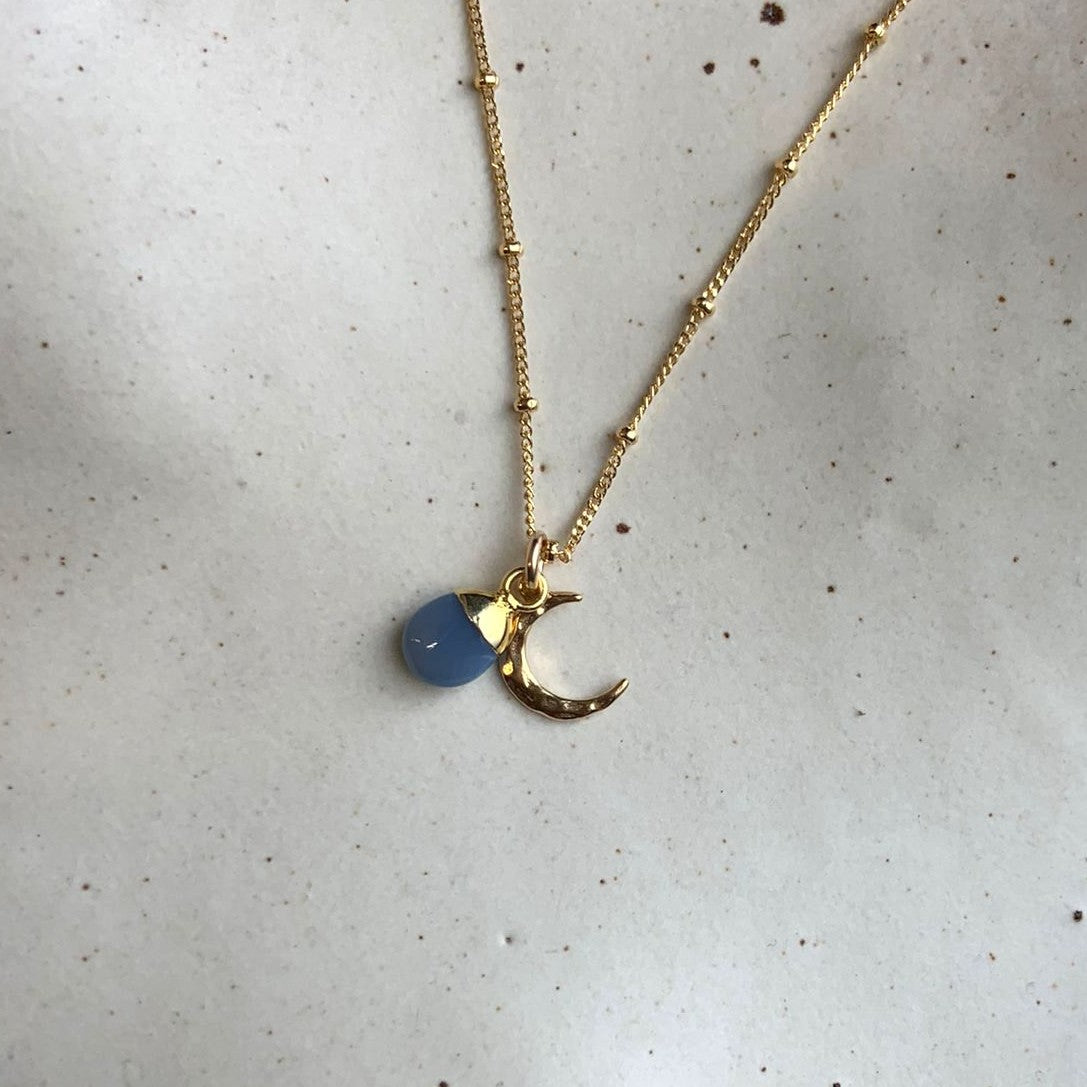 CHOOSE YOUR OWN | Tumbled Gemstone & Moon Necklace (Gold Plated)