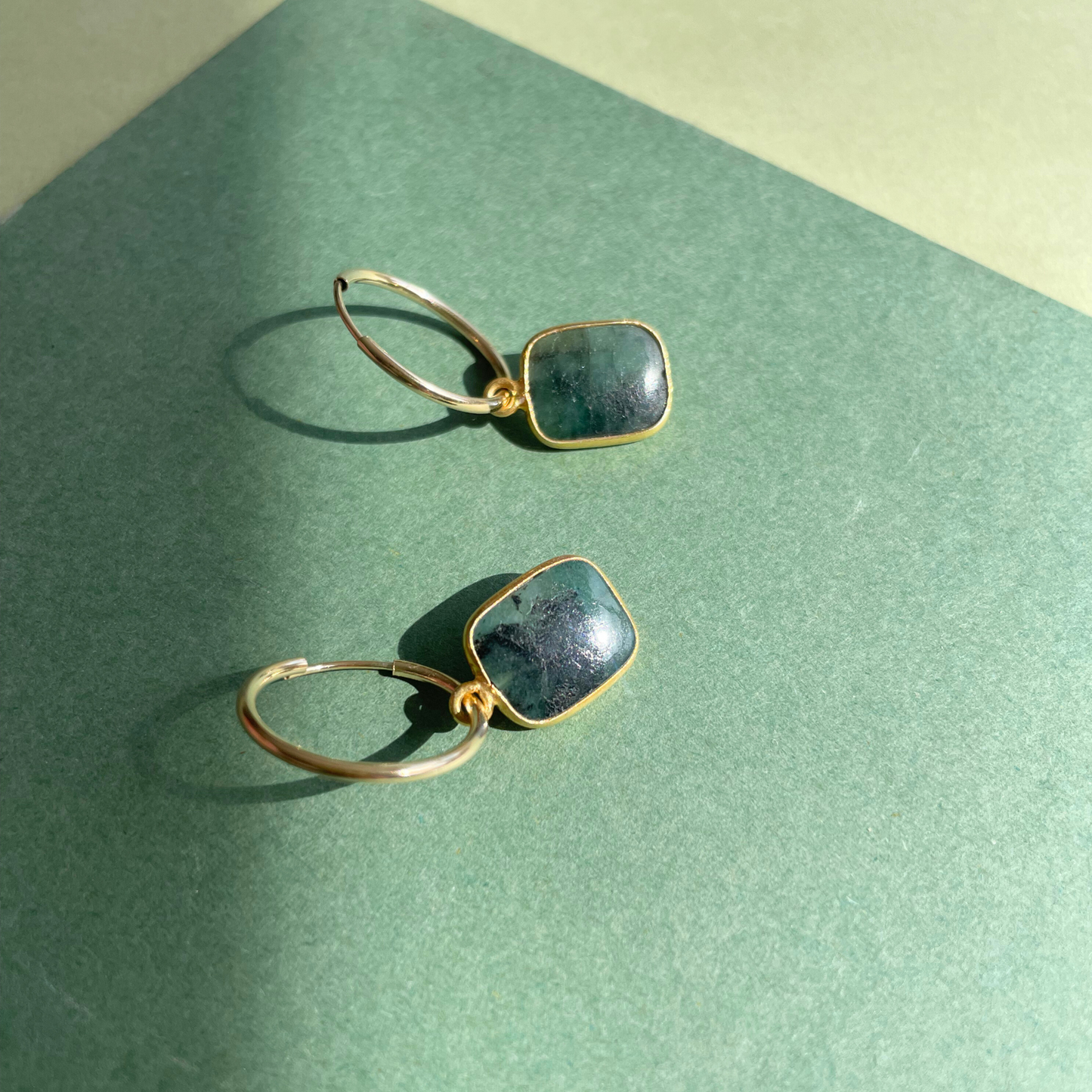Emerald Gem Slice Hoop Earrings | Hope (Gold Fill)