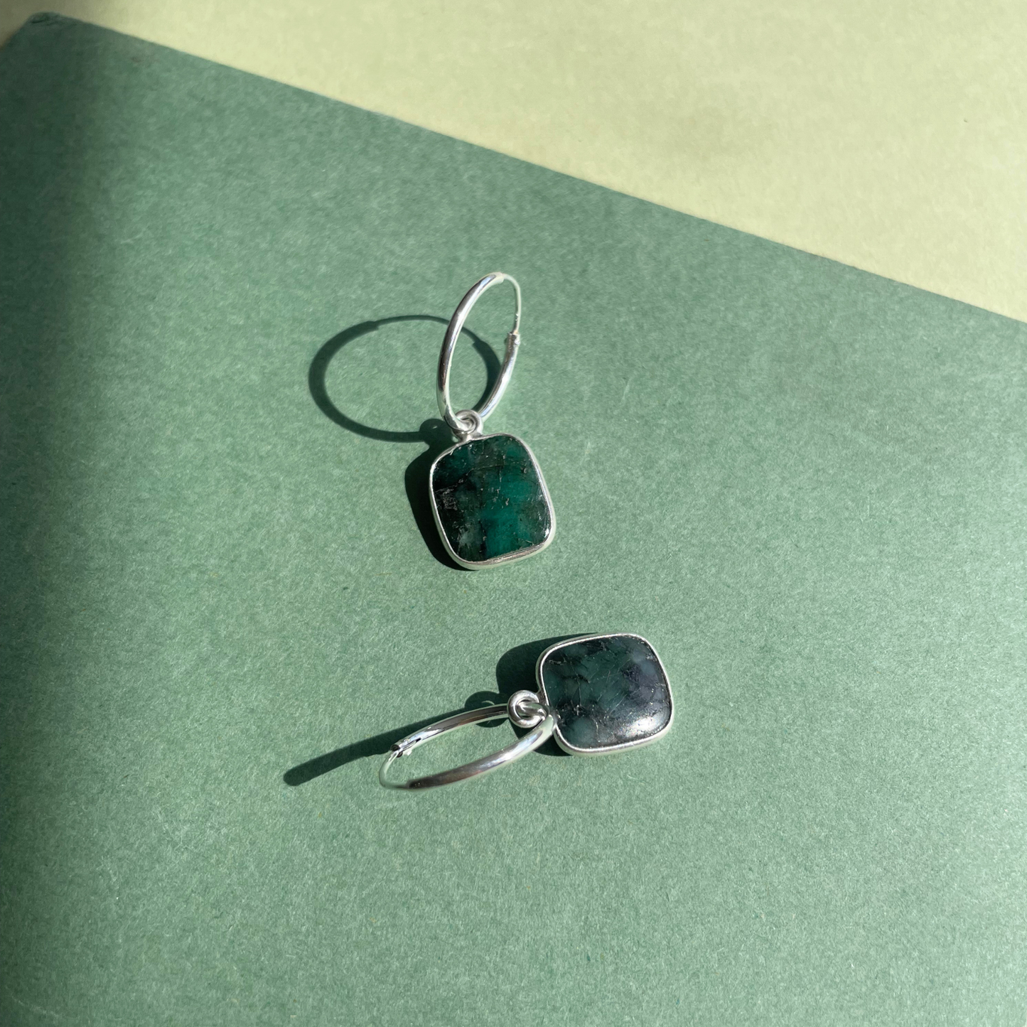 Emerald Gem Slice Hoop Earrings | Hope (Silver)