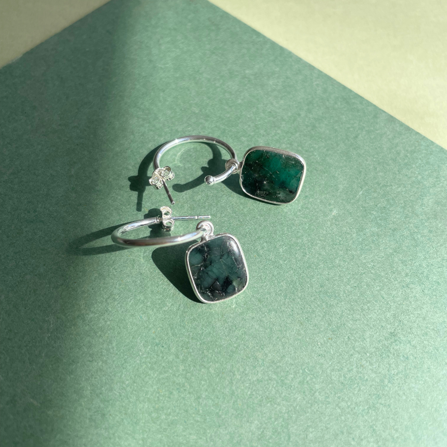 Emerald Gem Slice Hoop Earrings | Hope (Silver)
