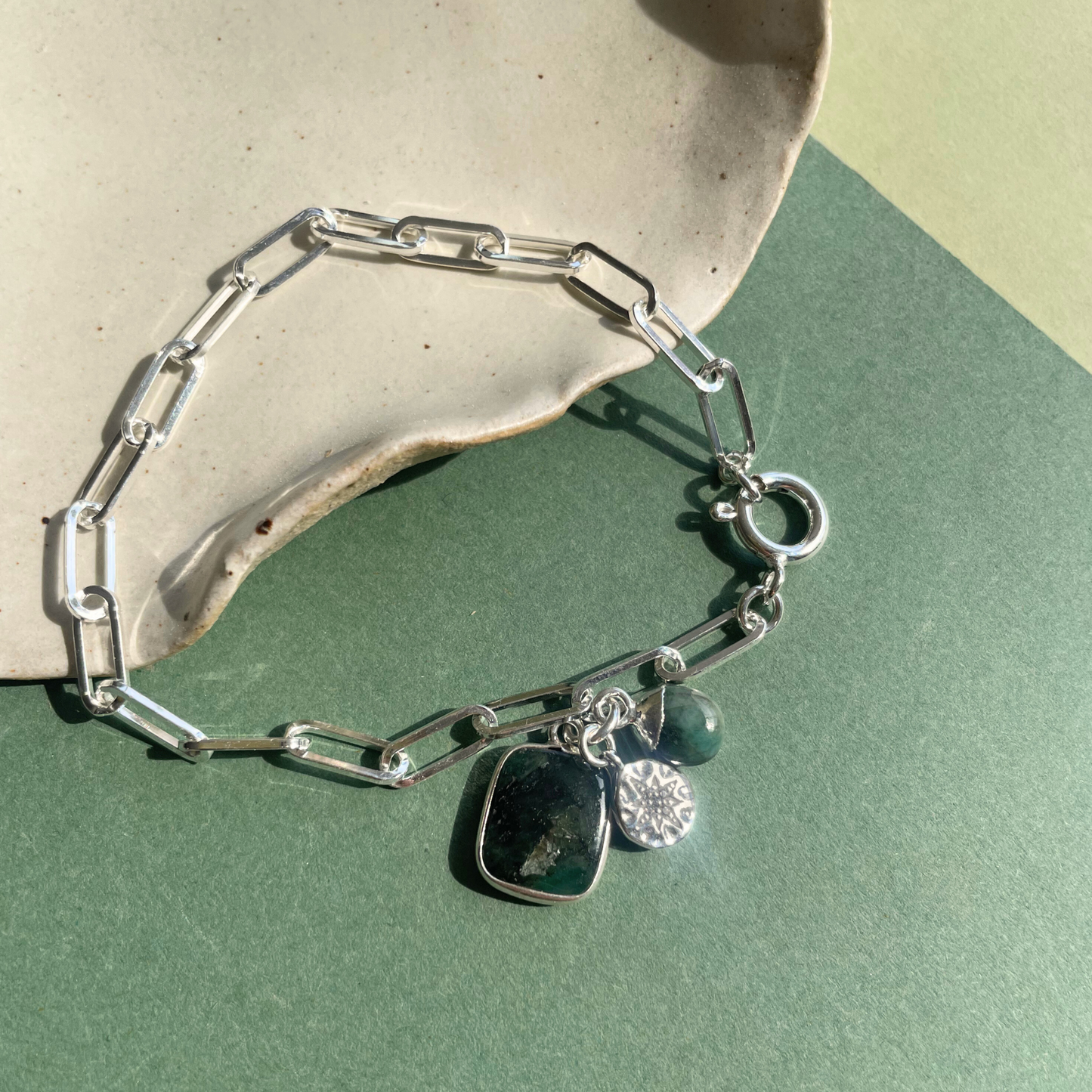 Emerald Gem Slice Triple Chunky Chain Bracelet | Hope (Silver)