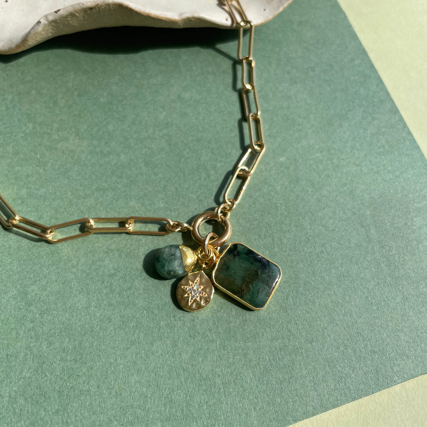 Emerald Gem Slice Triple Chunky Chain Necklace | Hope (Gold Plated)