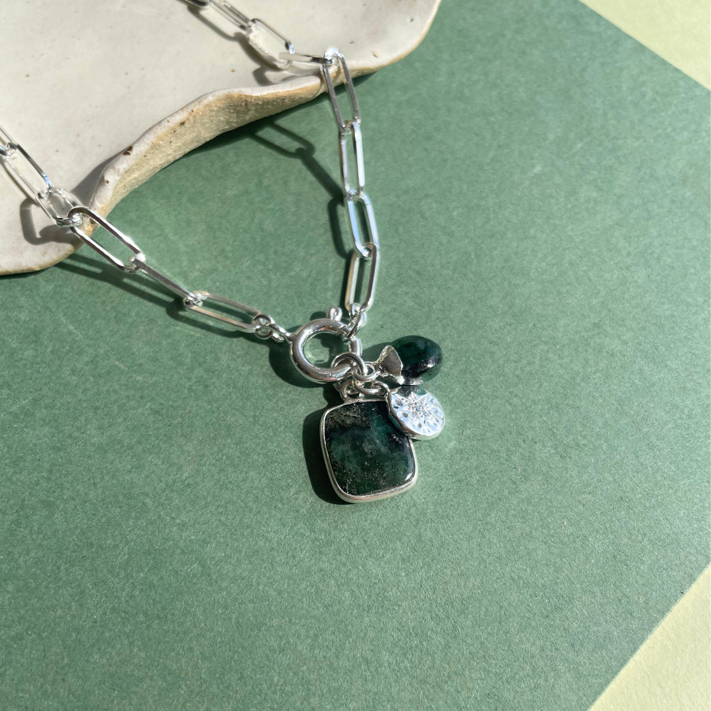 Emerald Gem Slice Triple Chunky Chain Necklace | Hope (Silver)