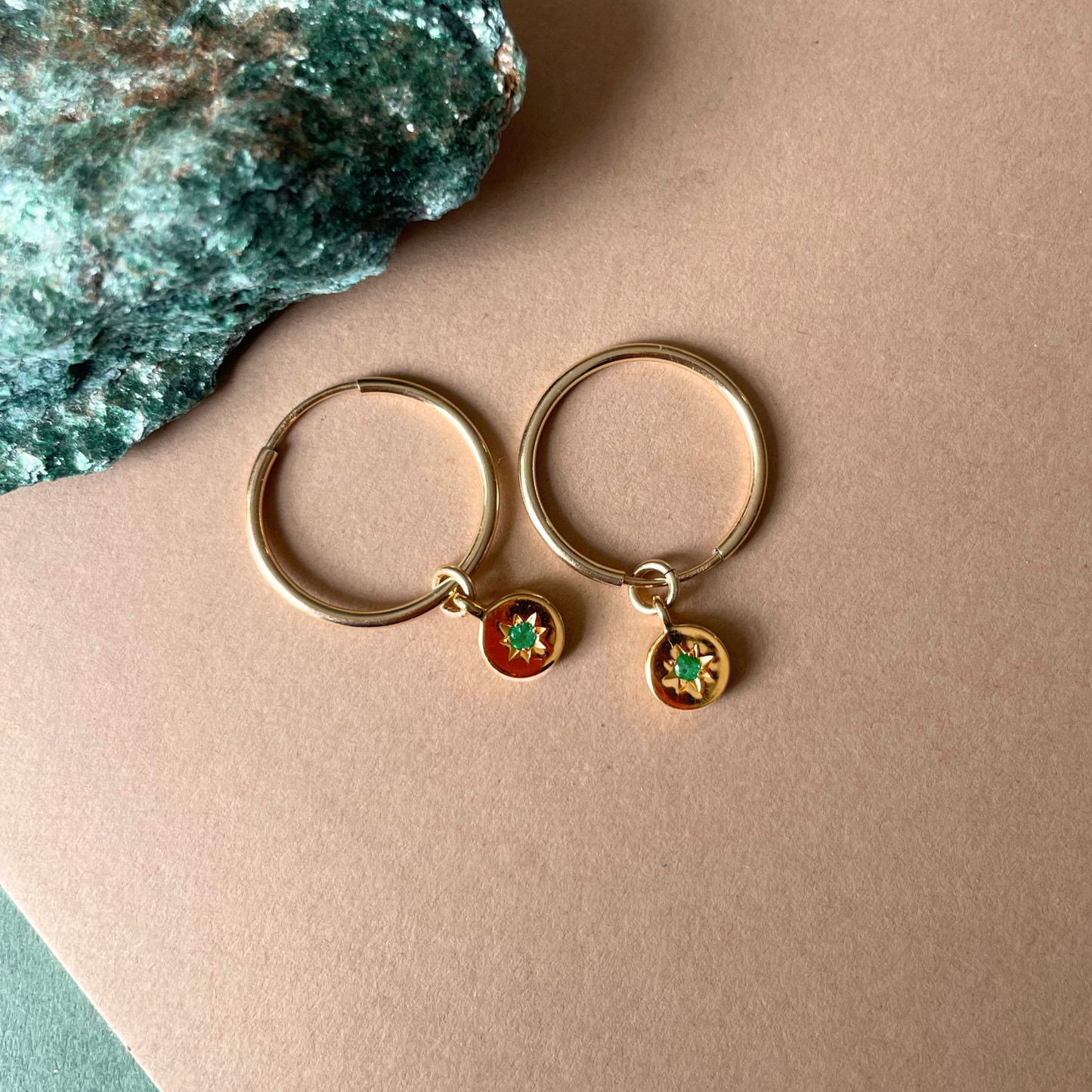Emerald Guiding Star Birthstone Hoop Earrings | May (Gold Fill)