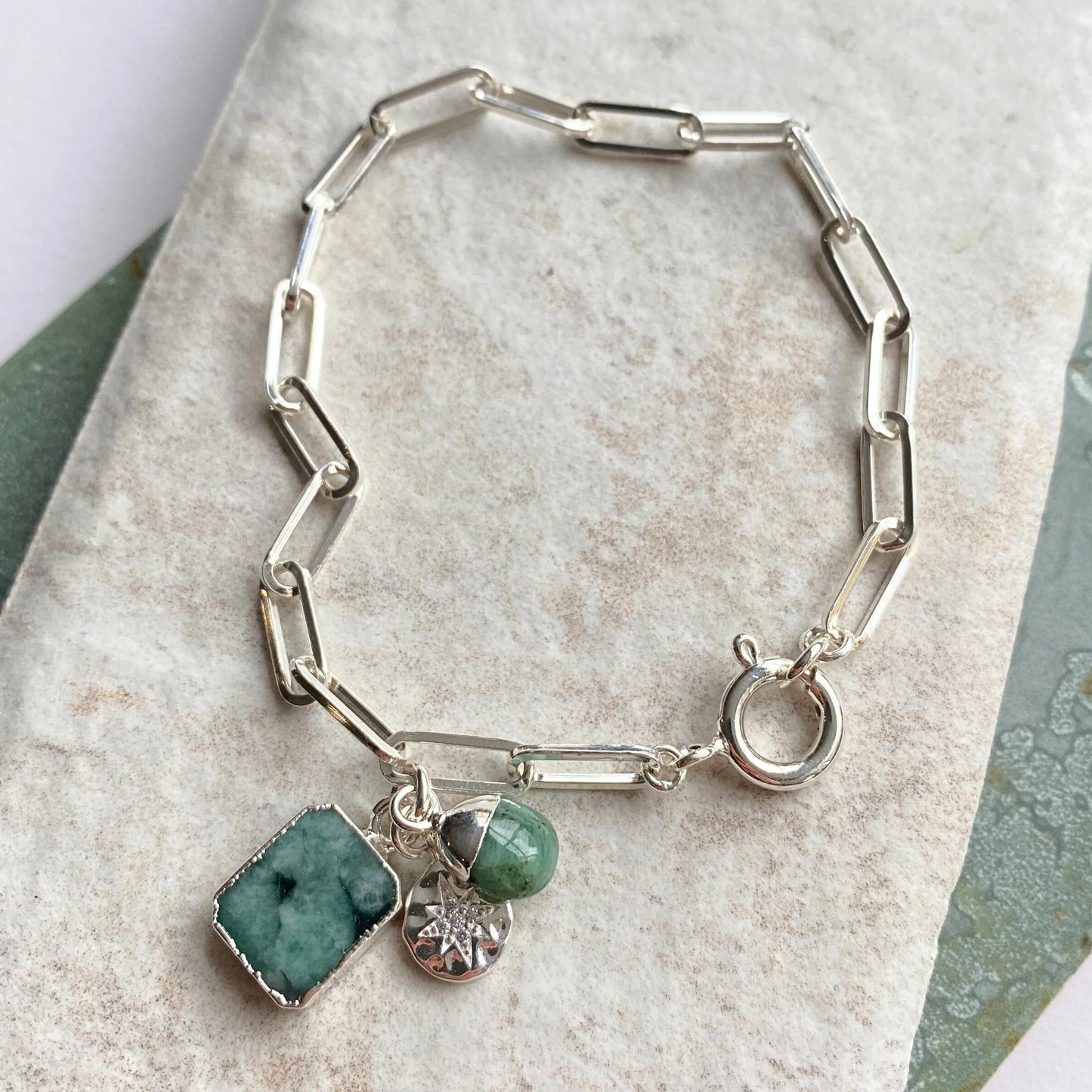 Emerald Gem Slice Triple Chunky Chain Bracelet | Hope (Silver)