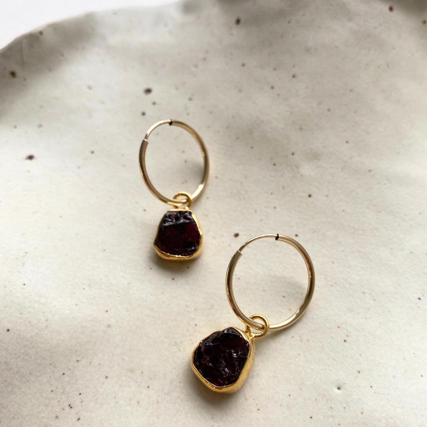 Garnet Carved Hoop Earrings| Protection (Gold Fill)